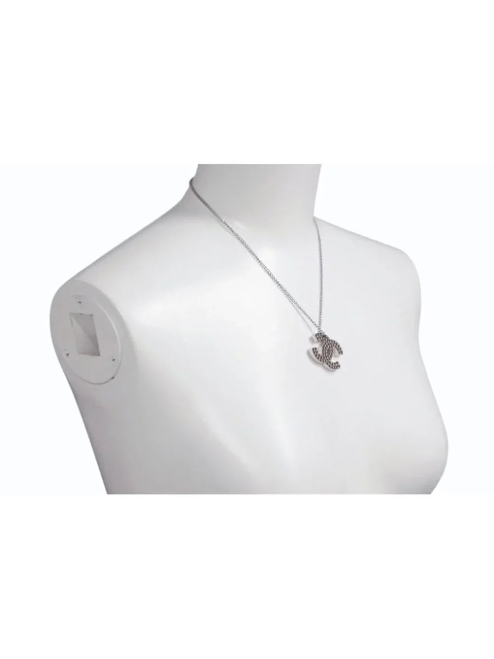 Chanel CC Logo Perforated Necklace Metal Silver